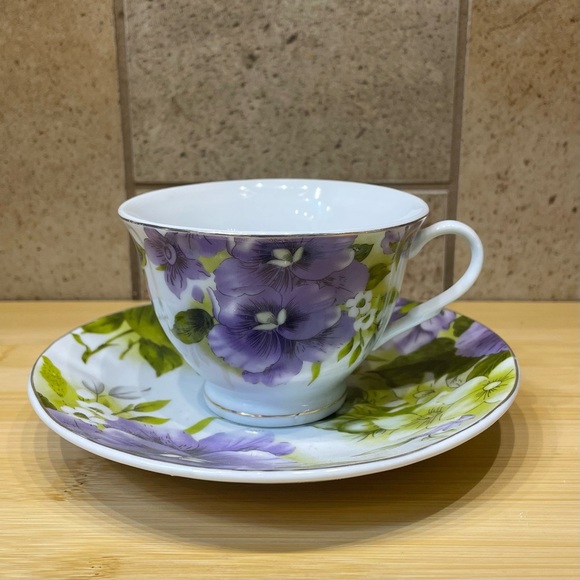 Coastline Imports Other - Coastline Imports Purple Pansy Bone China Cup and Saucer.